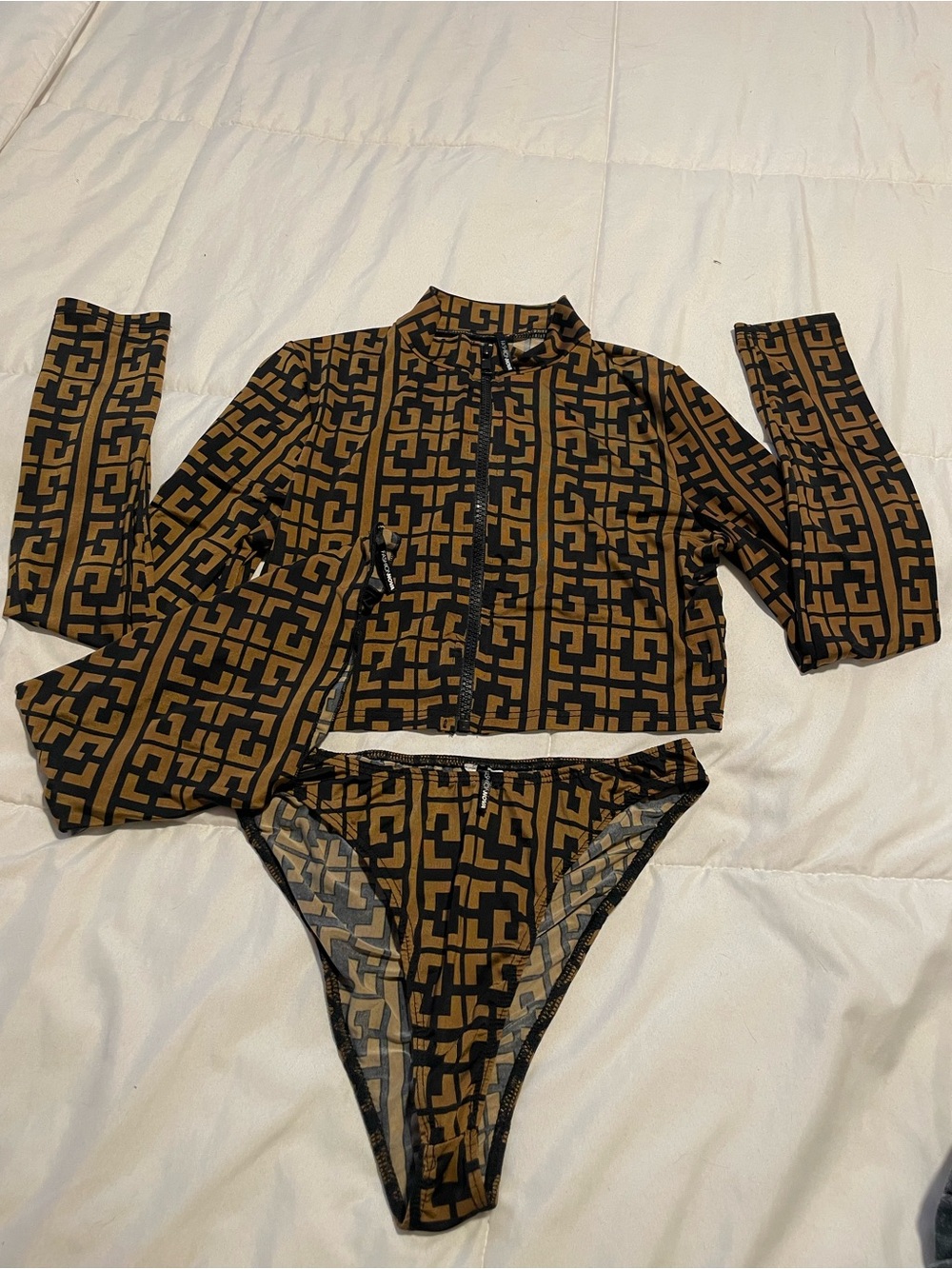 Fashion Nova Geometric Print 3 Piece Set in Brown and Black